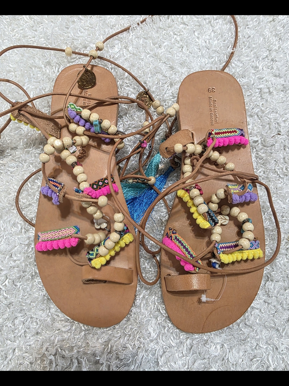 Brown Beaded Lace-Up Gladiator Sandals with Multicolor Accents